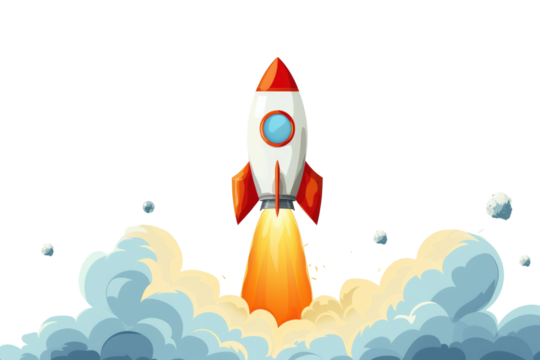 Cartoon rocket space ship take off, isolated on transparent