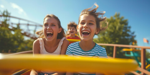 Obraz premium Mother and two children family riding a rollerc