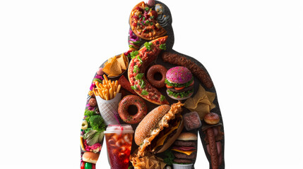 inside the silhouette of an overweight man there are Burgers, fries, pizza slices, soda cups, ice cream cones, donuts, hot dogs, fried chicken pieces, nachos, tacos