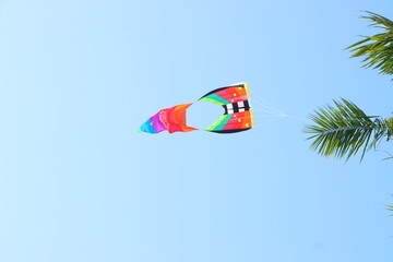 Colorful kite flying in the blue sky in summer at Mekong Delta Vietnam.