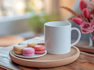 Fototapeta na wymiar Plate with macarons and a cup on it, Customizable mockup. Generated AI 