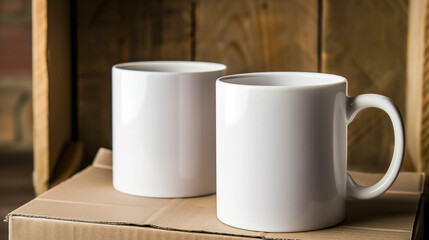 Obraz na płótnie Canvas Two white coffee mugs sitting on top of a cardboard box, Product mockup. Generated AI 