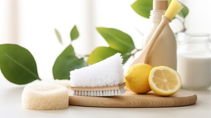 Natural eco-friendly household cleaning products - baking soda, lemon, citric acid, bamboo brushes.