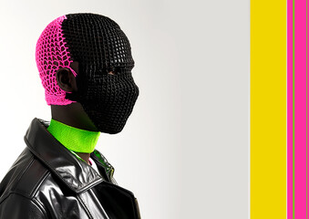 Fashion editorial Concept. Black man with neon knit yarn wool face head mask gear accessory in black leather jacket. copy text space
