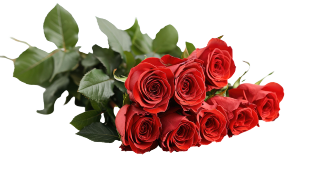 Bright red roses lie on white isolated background