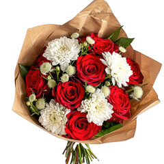 bouquet of red roses and white chrysanthemums on a white isolated background