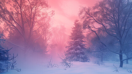 Capture the enchanting scene of a winter forest under a vibrant, colorful sky.






