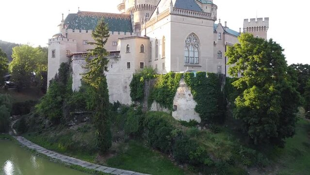 Trim Gothic 12th century Meddieval castle with walls and moat water in Bojnice Slovakia Europe