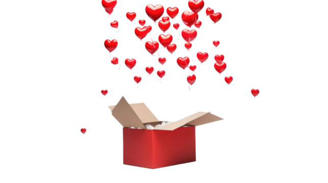 box with donations and red hearts flying out of it, on white isolated background