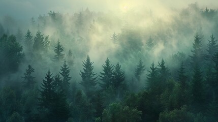 Mist rising from a dense, ancient forest as dawn breaks, casting an ethereal glow