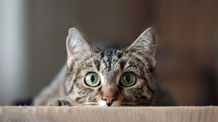 Portrait of a tabby cat with green eyes looking at the camera