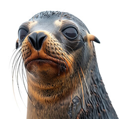 close up face shot of sea lion isolated on white background