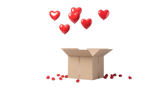 box with donations and red hearts flying out of it, on white isolated background
