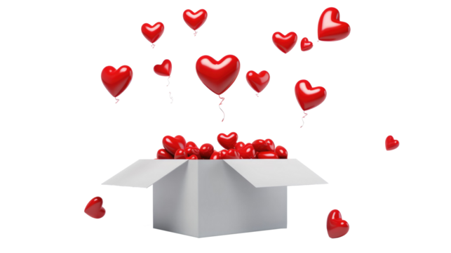 box with donations and red hearts flying out of it, on white isolated background