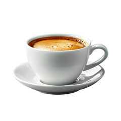 Obraz premium Freshly brewed coffee in white ceramic cups from top view isolated on transparent background PNG. Studio photography with copy space. Coffee shop concept design for menu, poster, and advertisement.