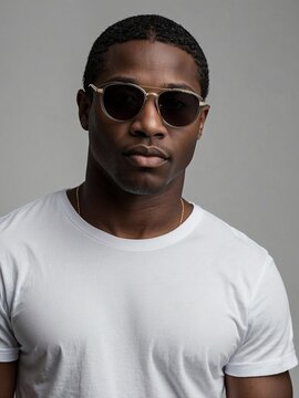 Young black man white sunglasses t-shirt modelling grey background