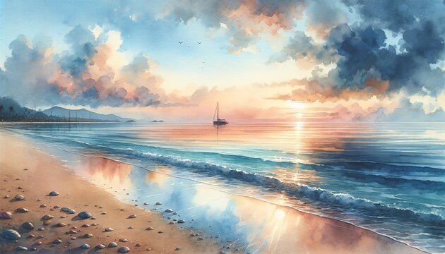 Watercolor Painting of a Calm Beach Wallpaper