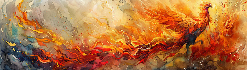 Majestic phoenix rising from vibrant flames, feathers intermingling with fire A mystical and powerful creature depicted in a watercolor painting Fantasy scene, Realistic, Backlights, Vignette