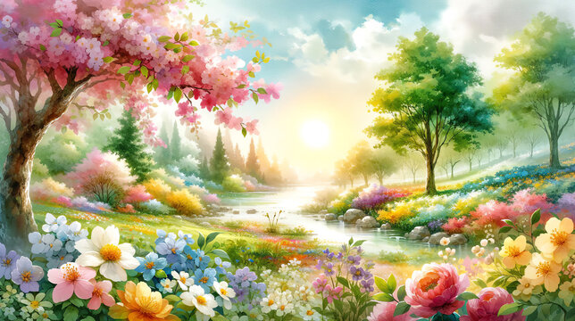 Watercolor Painting of a Spring Landscape Wallpaper