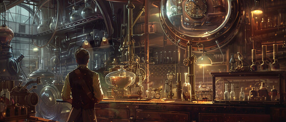 Steampunk scientist on Mars Victorian lab equipment