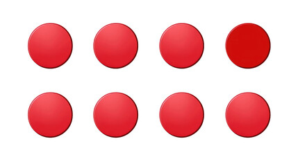 collection of eight round red stickers on white isolated background