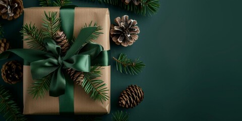 Festive Christmas gift box with a green satin ribbon on a dark green background with pine. - obrazy, fototapety, plakaty