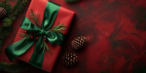 Luxurious red gift box tied with a vibrant green ribbon and pine decor on a red backdrop. - obrazy, fototapety, plakaty