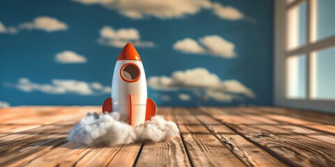 Toy rocket prepares for imaginary lift-off on a wooden floor with a backdrop of blue sky and clouds.