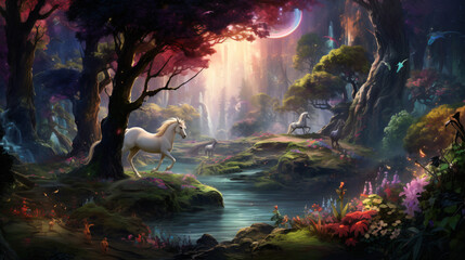 A magical forest where mythical creatures roam free wi - obrazy, fototapety, plakaty