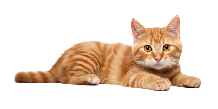  cute ginger cat lies on his stomach and looks to the side, front view, isolated on  white background