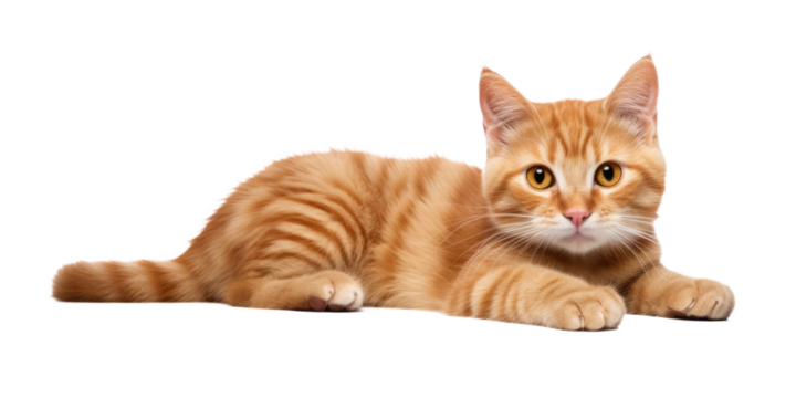  cute ginger cat lies on his stomach and looks to the side, front view, isolated on  white background