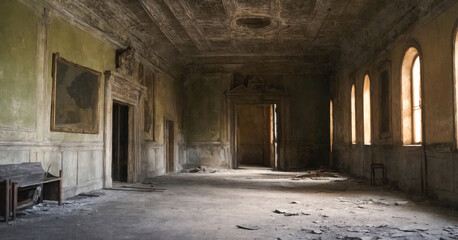 Dark, abandoned theater with worn walls and floors, evoking sense of spooky desolation and history.