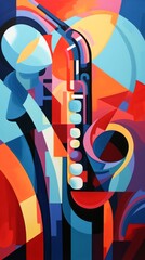 Use vibrant colors and abstract shapes to portray the rhythmic energy of a jazz clarinet solo