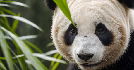 Charming close-up portrait of cute panda bear, showcasing its distinctive black and white fur and...