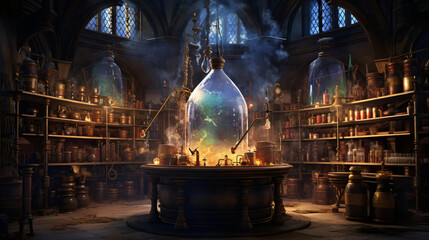 Fototapeta premium A magical laboratory where alchemists brew potions 