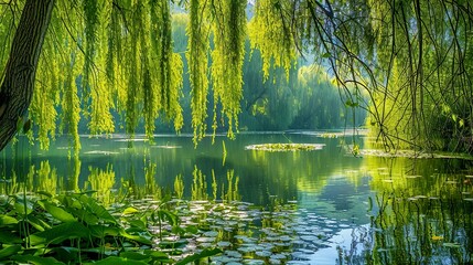 A tranquil pond surrounded by weeping willows - obrazy, fototapety, plakaty