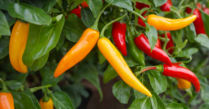 Vibrant ornamental peppers in red, orange, and yellow hues, adding colorful touch to the garden landscape.