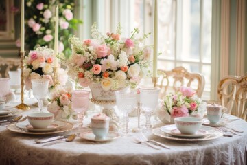 
A Coquette aesthetic-inspired vintage lace tablecloth draped over an elegant dining table, adorned with delicate floral centerpieces and pastel-colored china. - obrazy, fototapety, plakaty