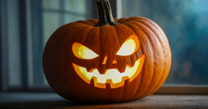 Halloween postcard featuring carved pumpkin with an evil smiling face, glowing face against dark night background, capturing the spooky and fun spirit of the holiday.