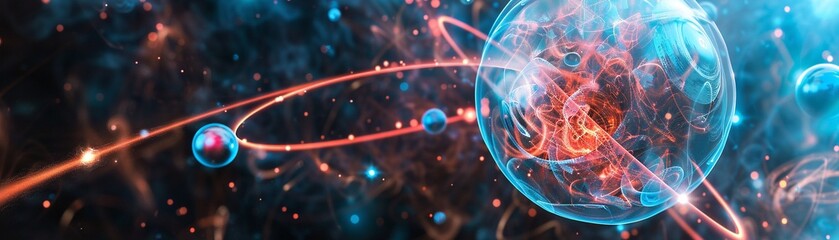 Showcase the atomic nucleus surrounded by orbiting electrons in a dynamic composition