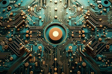 Fusion of technology and biology in a artwork featuring circuit board elements and atoms