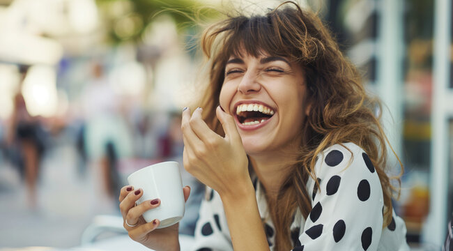A woman joyfully laughing while holding a cup of coffee in her hands.