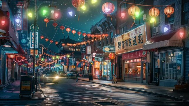 Scene of chinatown in the night animation video looping motion 