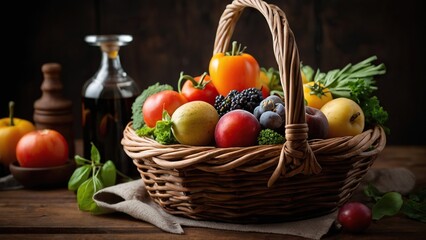 Basket with fresh fruits and vegetables.