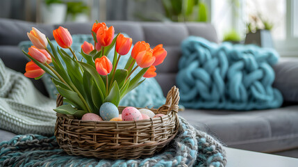 A cozy spring Easter scene with a wicker basket filled with colorful eggs, a beautiful tulip flower bouquet, and a knitted blanket on a sofa. - obrazy, fototapety, plakaty