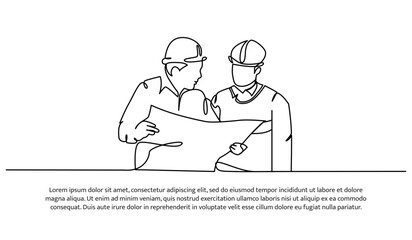 One line continuous of contractors are discussing. Minimalist style vector illustration in white background.