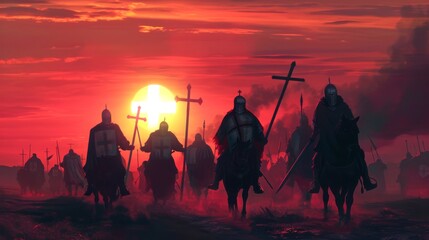 Warriors under the banner of the Knights Templar seek the Holy Grail as the sun sets merging myth with mission - obrazy, fototapety, plakaty