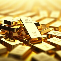 Ai generated ofGold bars Gold ingot, bullion gold, bank vault, stacked image. close up many pure gold bar ingot put on the black color with bokeh surface. many pile of gold bars in golden background.