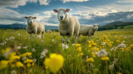 Three Sheep Standing in a Field of Flowers