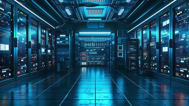 A server room with zoom animation.
